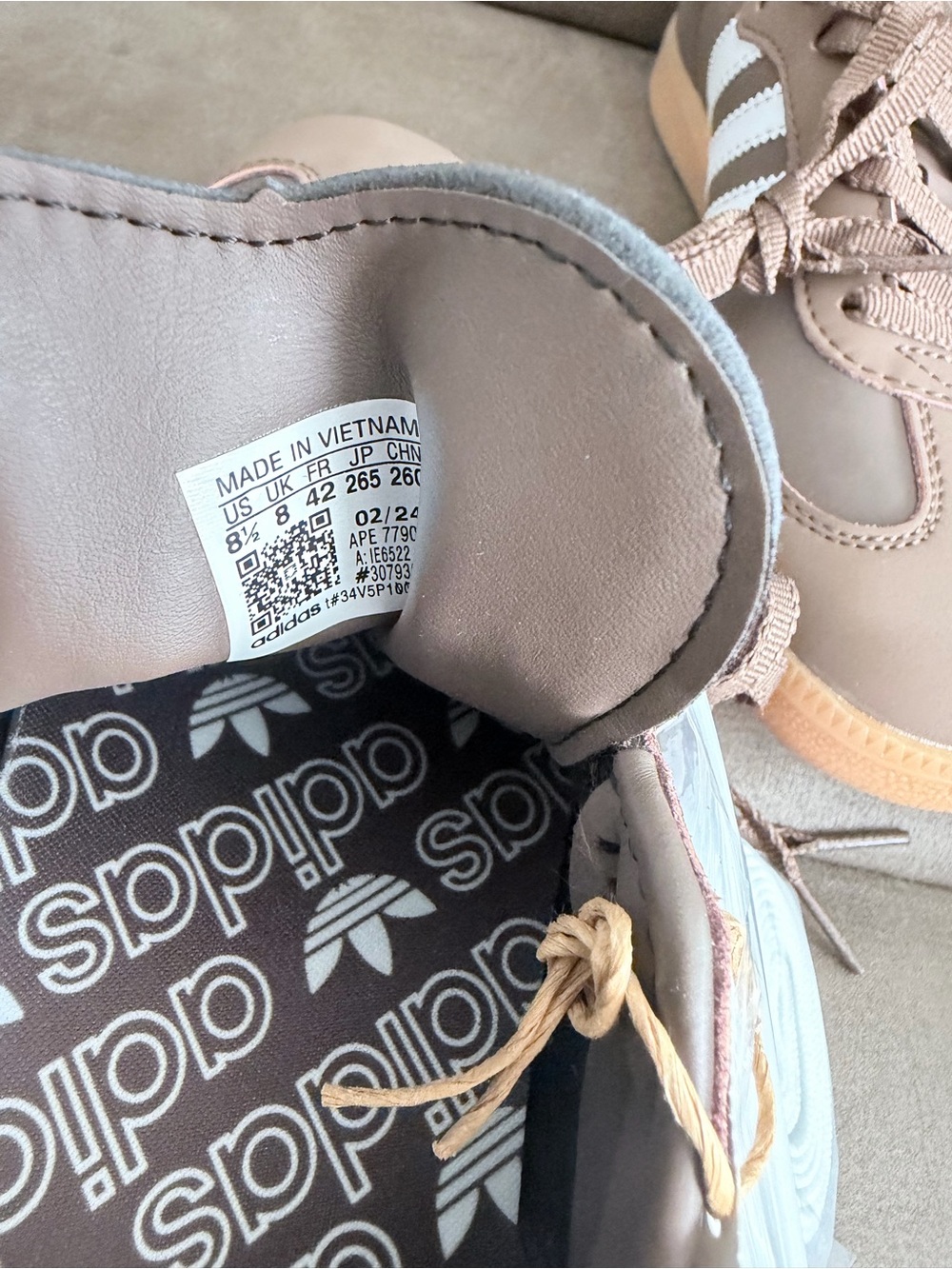 adidas Men’s Taupe Sneakers with White Stripes and Gum Sole - Picture 5 of 5